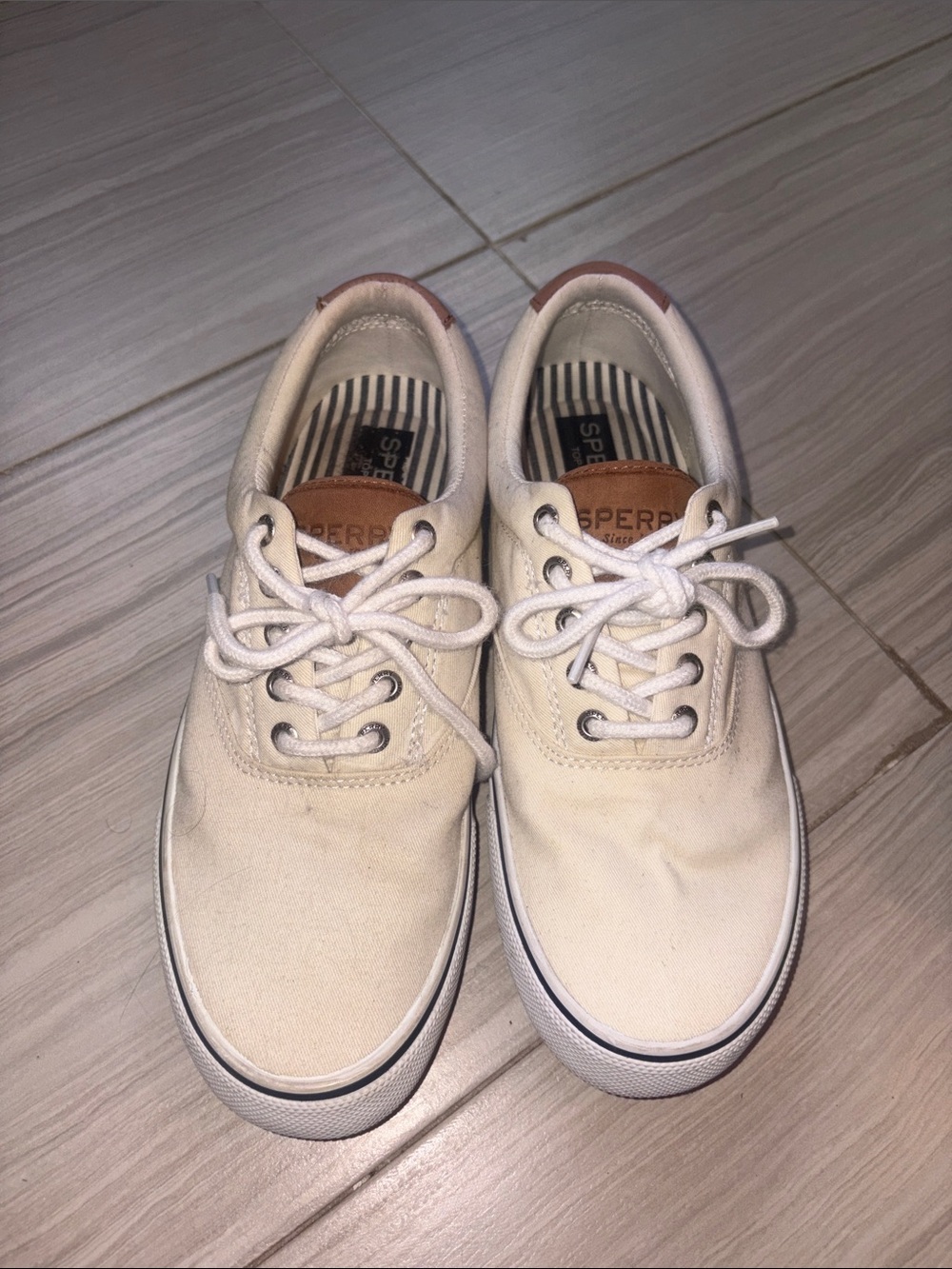 Sperry Men’s Cream Canvas Boat Shoes with White Soles